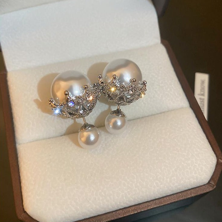 Pearlescent Radiance - Double-Sided Diamond Pearl Earrings
