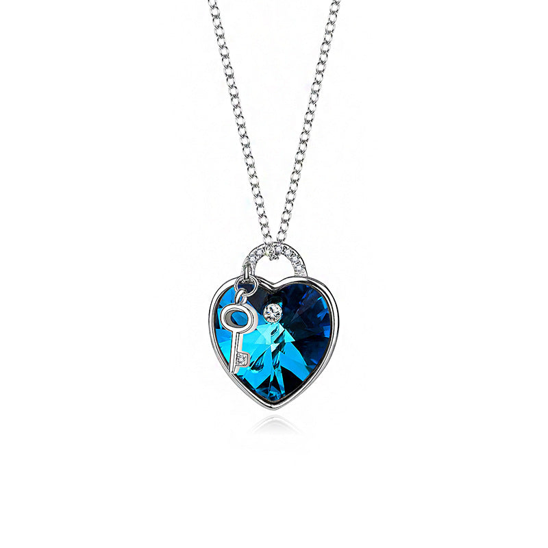 Crystal Heart Key Concentric Lock Pendant Necklace