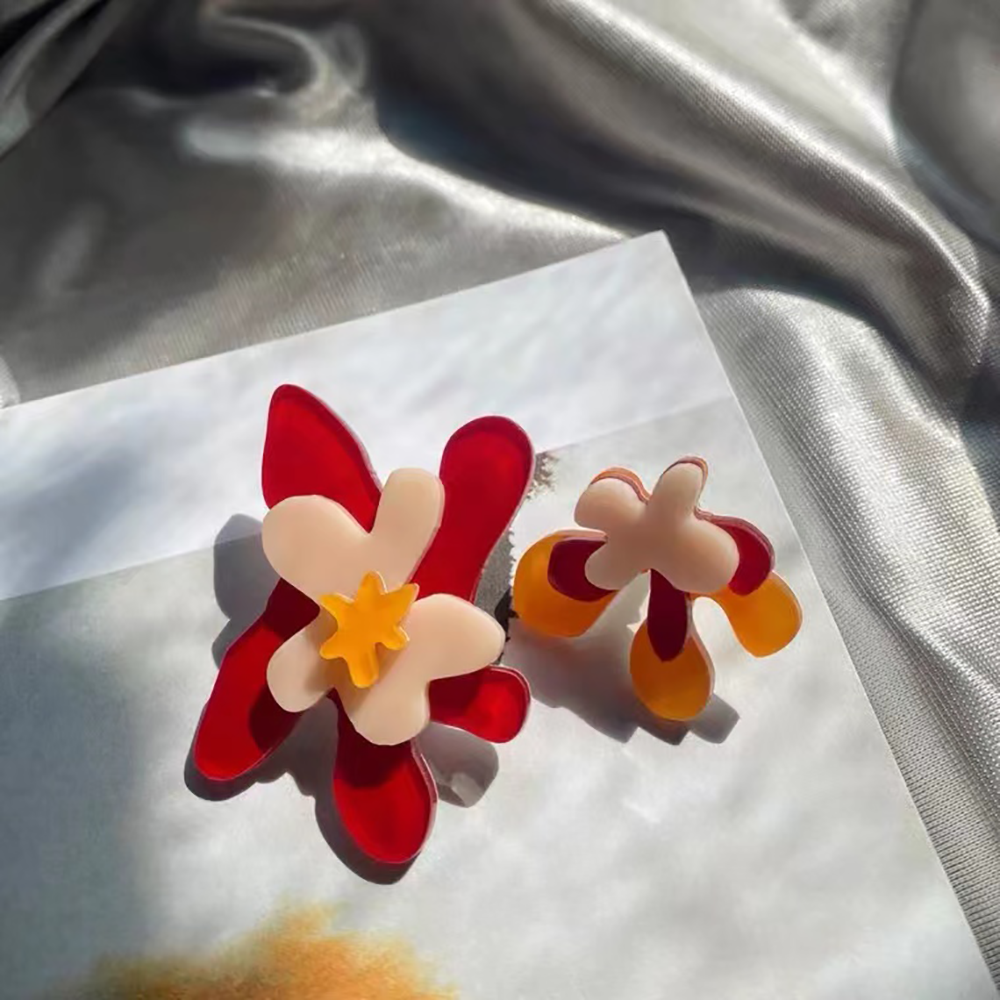 Asymmetrical Red Flower Earrings