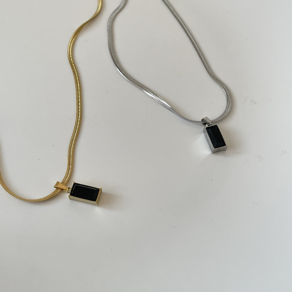Black Square Pendant Herringbone Necklace