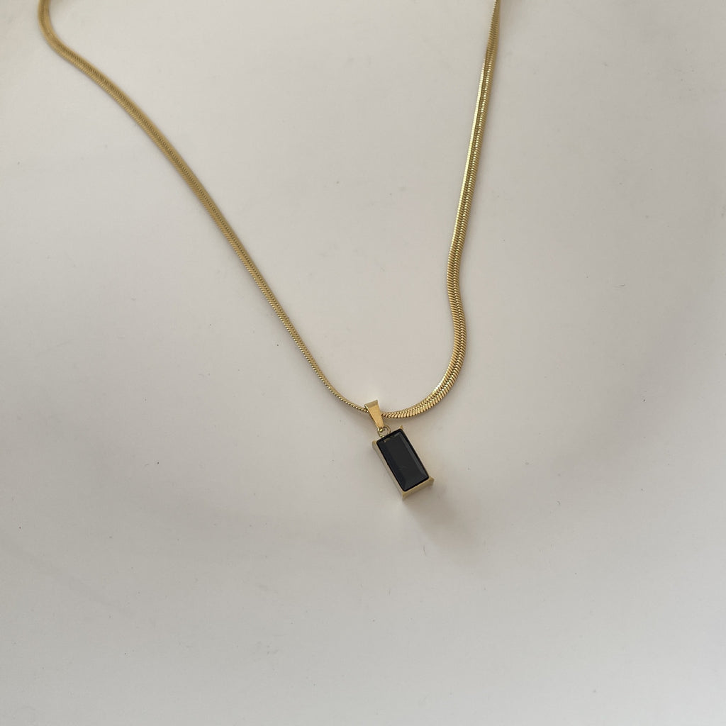 Black Square Pendant Herringbone Necklace
