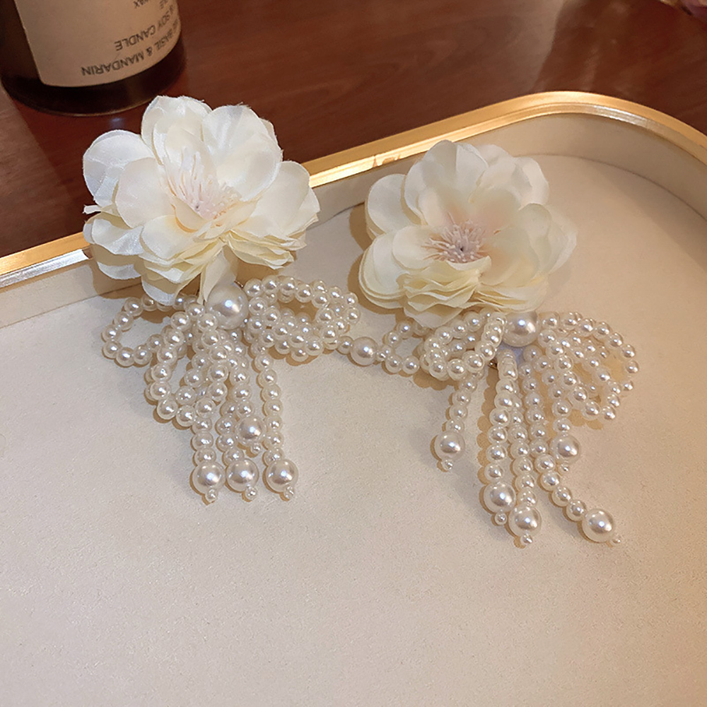 Floral Pearl Bow Tassel Earrings