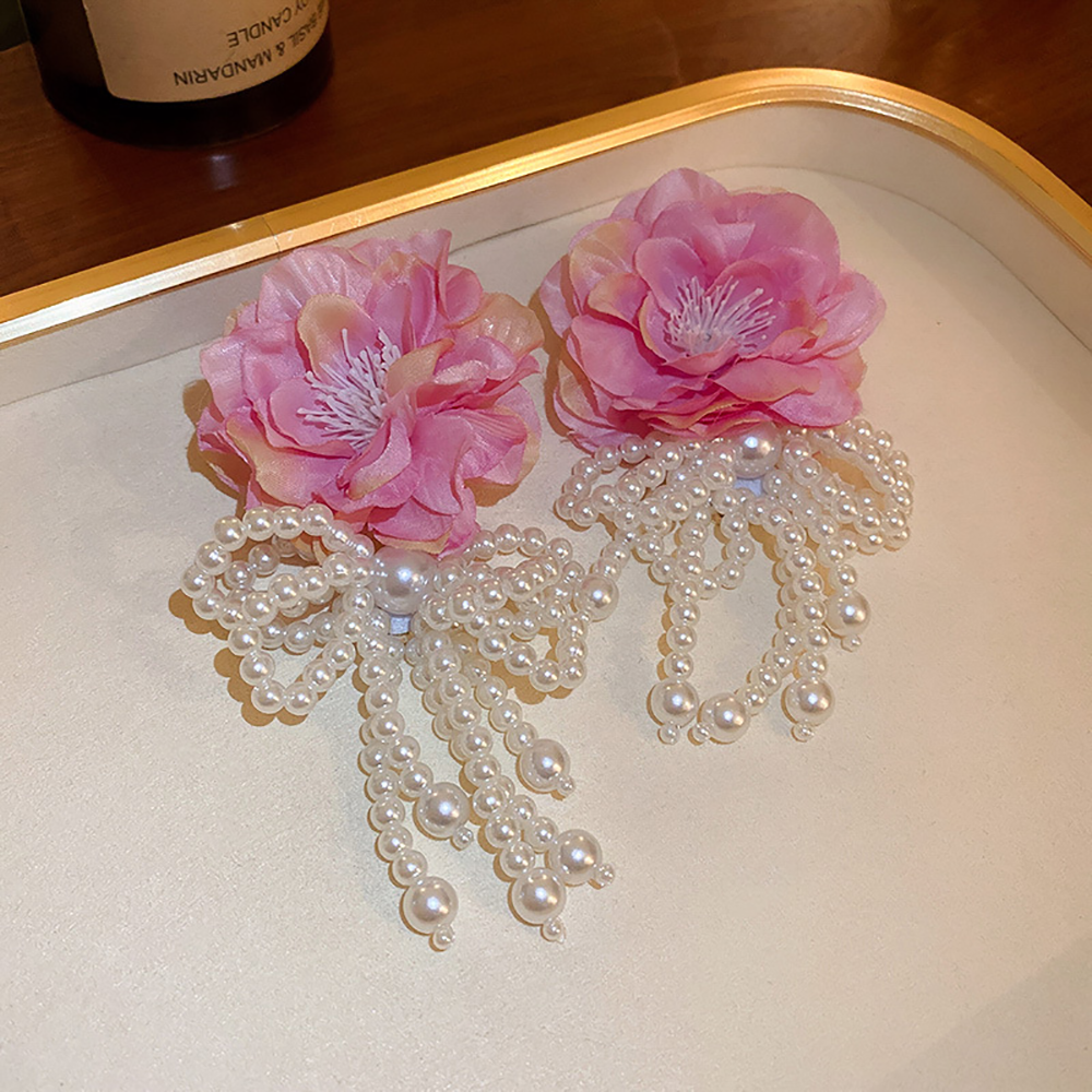 Floral Pearl Bow Tassel Earrings