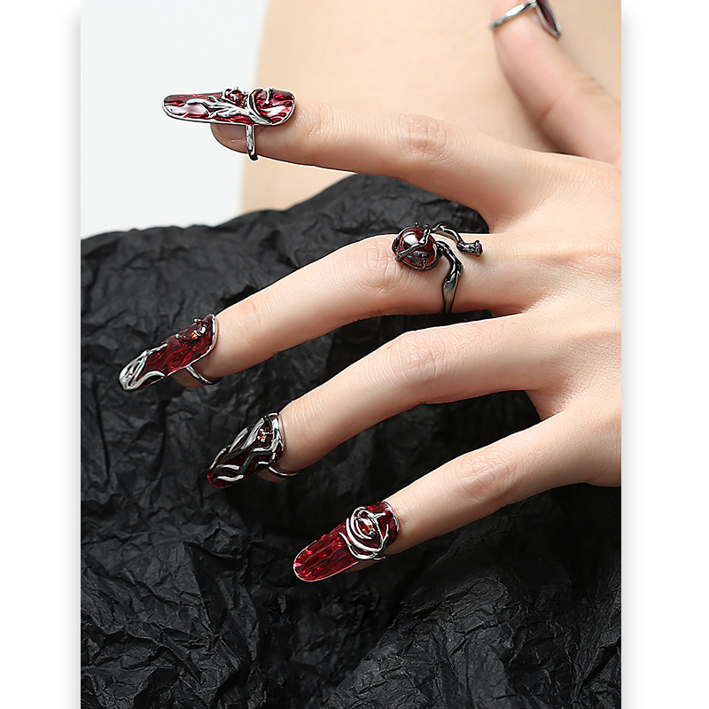 Gothic Flame Red Nail Rings Chain Finger Ring,Fingertip Ring,Open Ring,Fingernail Protective Ring,Adjustable Ring,Nail Cover,Nail Accessory