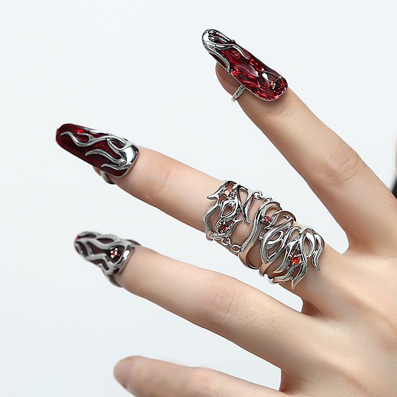Gothic Flame Red Nail Rings Chain Finger Ring,Fingertip Ring,Open Ring,Fingernail Protective Ring,Adjustable Ring,Nail Cover,Nail Accessory