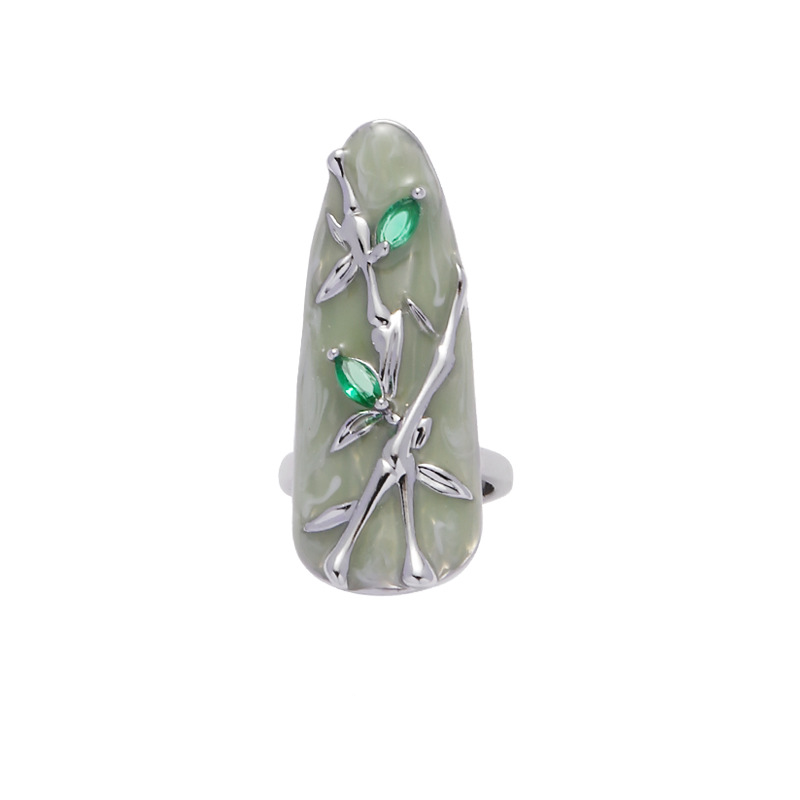 Light Green Plant Cameo Nail Rings Chain Finger Ring,Fingertip Ring,Open Ring,Fingernail Protective Ring,Adjustable Ring,Nail Cover,Nail Accessory
