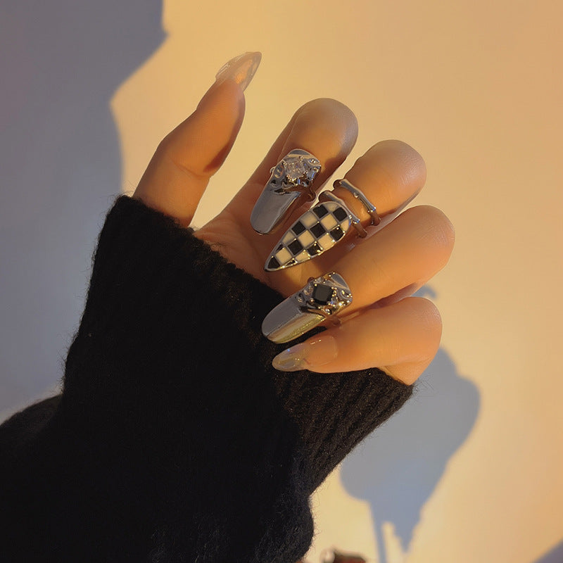Checker Nail Ring Set，Chain Finger Ring,Fingertip Ring,Open Ring,Fingernail Protective Ring,Adjustable Ring,Nail Cover,Nail Accessory