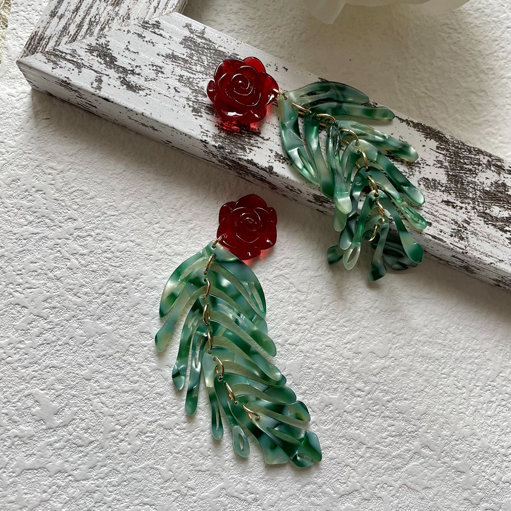 Rose and Green Leaf Earrings