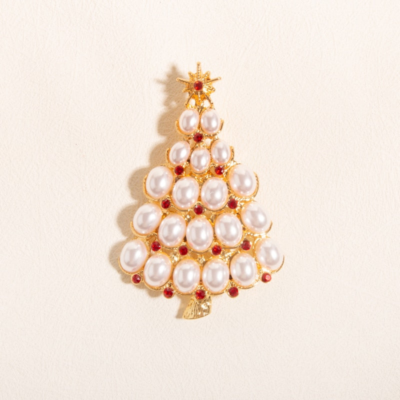 Sheilabox Vintage Natural Pearl Christmas Tree Brooche Pin Elegant Fine Red CZ Jewelry For Women Girls Gold Tone Anniversary