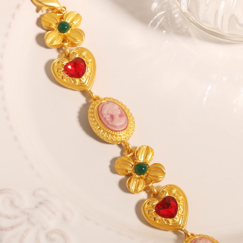 Sheilabox Vintage Unique Handmade Flower Bracelet With Zircon Acrylic Cameo Jewlery Collection For Women