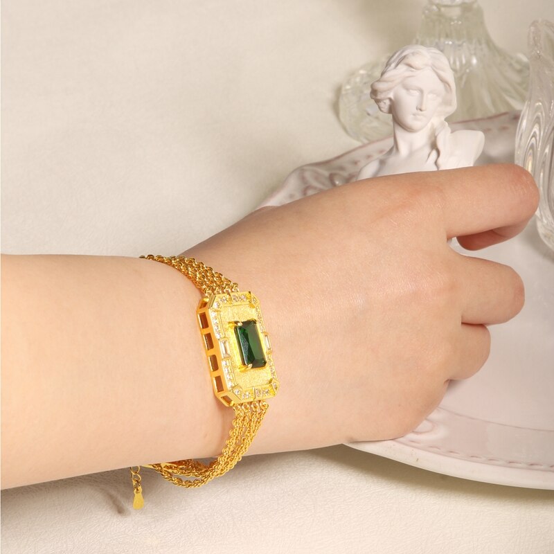Sheilabox Vintage Gold Plated Emerald Ruby 4 Rows Chain Bracelet Muti Color Gemstone For Unique Women Gift